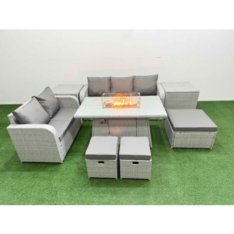 Fimous 8 Seater PE Rattan Wicker Garden Furniture Patio Conservatory Sofa Set with Firepit Dining Table 3 Seater Sofa Love Sofa 3 Stool 2 Side Table
