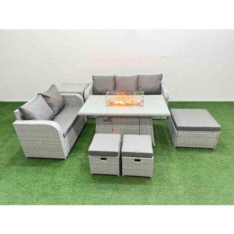 Fimous 8 Seater PE Rattan Wicker Garden Furniture Patio Conservatory Sofa Set with Firepit Dining Table 3 Seater Sofa Love Sofa 3 Stool Side Table