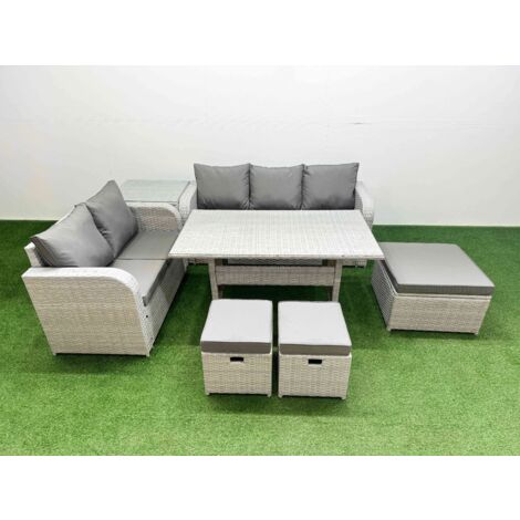Fimous 8 Seater PE Rattan Wicker Garden Furniture Patio Conservatory Sofa Set with Rectangular Dining Table 3 Seater Sofa Love Sofa 3 Stool Side Table