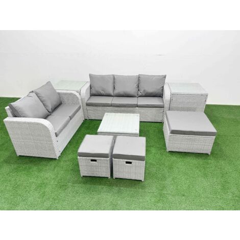 Fimous 8 Seater PE Rattan Wicker Garden Furniture Patio Conservatory Sofa Set with Square Coffee Table 3 Seater Sofa Love Sofa 3 Stool 2 Side Table