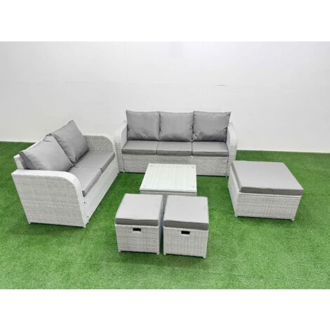 Fimous 8 Seater PE Rattan Wicker Garden Furniture Patio Conservatory Sofa Set with Square Coffee Table 3 Seater Sofa Love Sofa 3 Stool