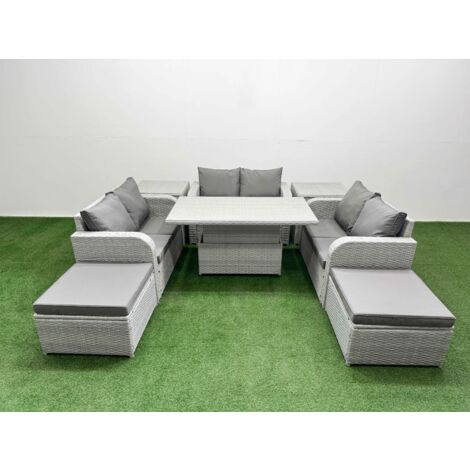 Fimous  8 Seater PE Wicker Rattan Furniture Sofa Sets with Adjustable Lifting Dining or Coffee Table 2 Seater Love Sofa 2 Big Footstool 2 Side Table Light Grey