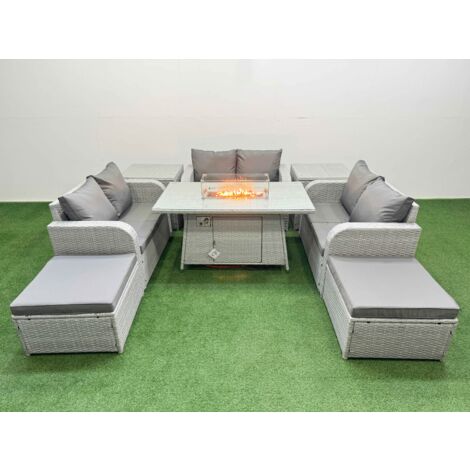 Fimous  8 Seater PE Wicker Rattan Furniture Sofa Sets with Firepit Dining Table 2 Seater Love Sofa 2 Big Footstool 2 Side Table Light Grey