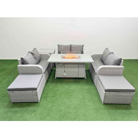 Fimous  8 Seater PE Wicker Rattan Furniture Sofa Sets with Firepit Dining Table 2 Seater Love Sofa 2 Big Footstool Side Table Light Grey