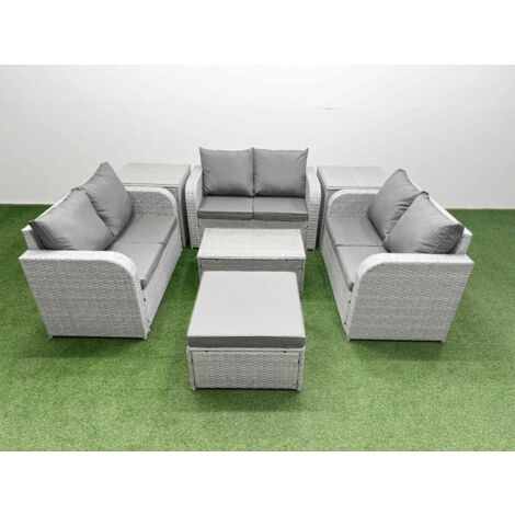 Fimous  8 Seater PE Wicker Rattan Furniture Sofa Sets with Rectangular Coffee Table 2 Seater Love Sofa 2 Stool Light Grey