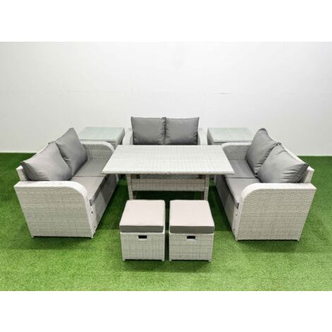 Fimous  8 Seater PE Wicker Rattan Furniture Sofa Sets with Rectangular Dining Table 2 Seater Love Sofa 2 Stool 2 Side Table Light Grey