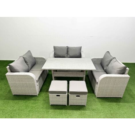 Fimous  8 Seater PE Wicker Rattan Furniture Sofa Sets with Rectangular Dining Table 2 Seater Love Sofa 2 Stool Light Grey