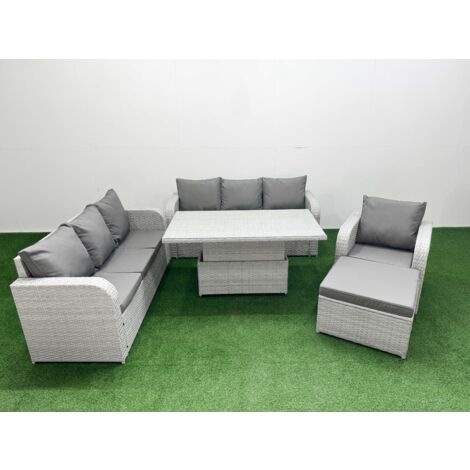Fimous 8 Seater Poly Rattan Outdoor Garden Furniture Adjustable Lifting Dining or Coffee Table Sofa Set Patio 3 Seater Sofa Reclining Chair 3 Seater Sofa Big Footstool Light Grey