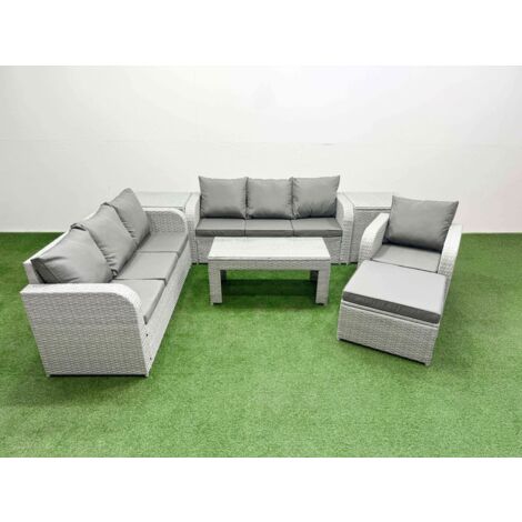 Fimous 8 Seater Poly Rattan Outdoor Garden Furniture Oblong Coffee Table Sofa Set Patio 3 Seater Sofa Reclining Chair 3 Seater Sofa Big Footstool 2 Side Table Light Grey