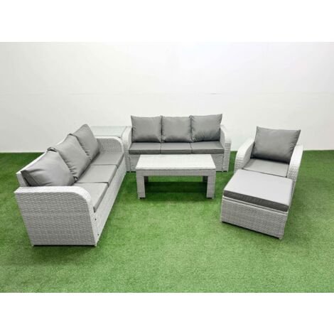 Fimous 8 Seater Poly Rattan Outdoor Garden Furniture Oblong Coffee Table Sofa Set Patio 3 Seater Sofa Reclining Chair 3 Seater Sofa Big Footstool Side Table Light Grey