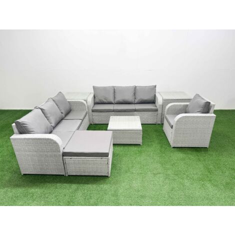 Fimous 8 Seater Poly Rattan Outdoor Garden Furniture Square Coffee Table Sofa Set Patio 3 Seater Sofa Reclining Chair 3 Seater Sofa Big Footstool 2 Side Table Light Grey