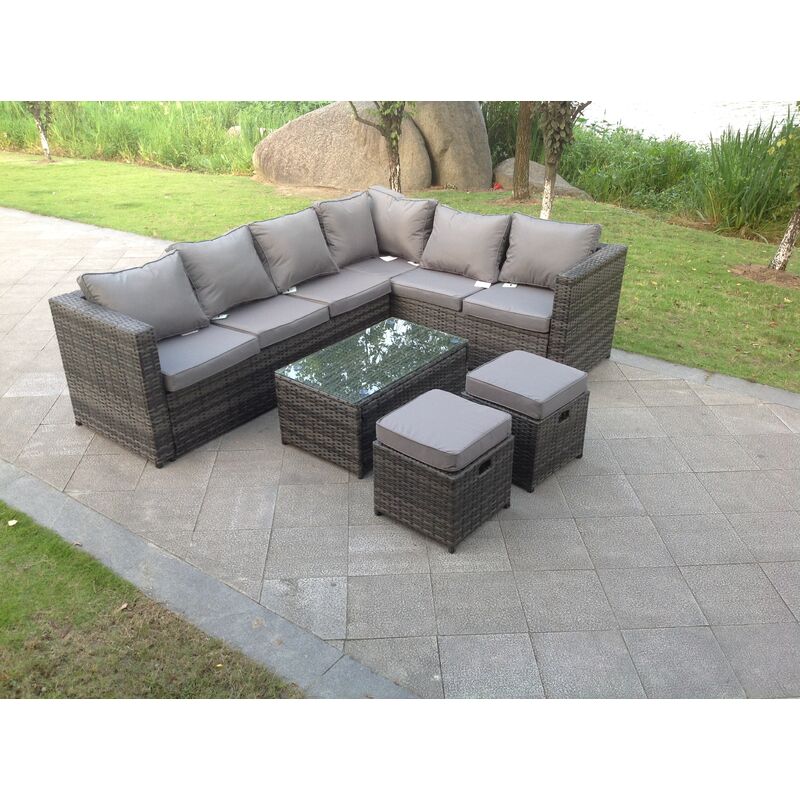 8 Seater Rattan Corner Sofa Lounge Sofa Set With Rectangular Coffee Table 2 Stool And Chair Right Hand - Fimous