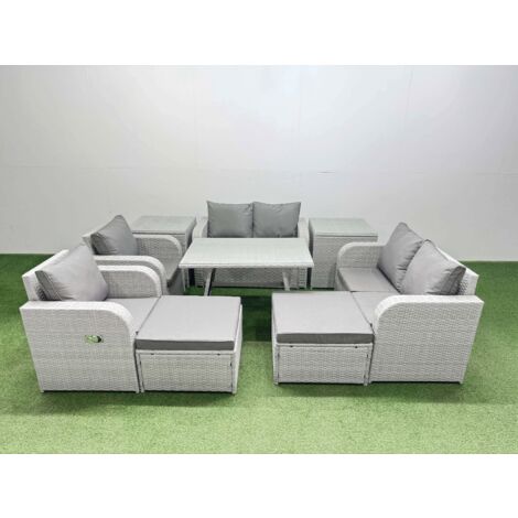 Fimous 8 Seater Rattan Garden Furniture Set Outdoor Love Sofa Set with Rectangular Dining Table 2 Side Tables 2 Big Footstools Light Grey