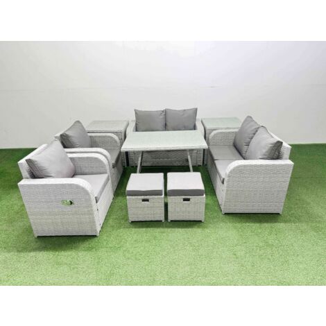 Fimous 8 Seater Rattan Garden Furniture Set Outdoor Love Sofa Set with Rectangular Dining Table 2 Side Tables 2 Small Footstools Light Grey