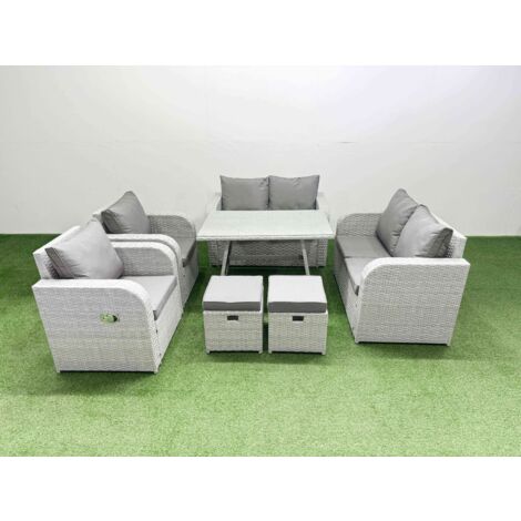 Fimous 8 Seater Rattan Garden Furniture Set Outdoor Love Sofa Set with Rectangular Dining Table 2 Small Footstools Light Grey