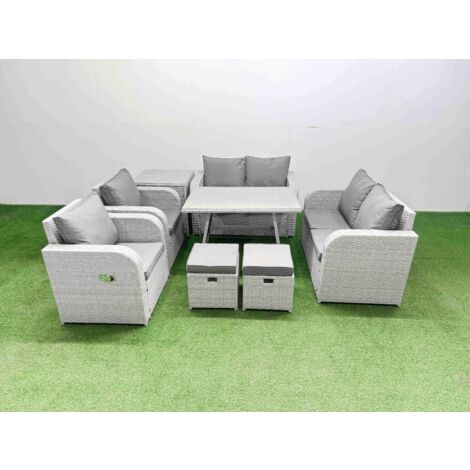 Fimous 8 Seater Rattan Garden Furniture Set Outdoor Love Sofa Set with Rectangular Dining Table Side Table 2 Small Footstools Light Grey