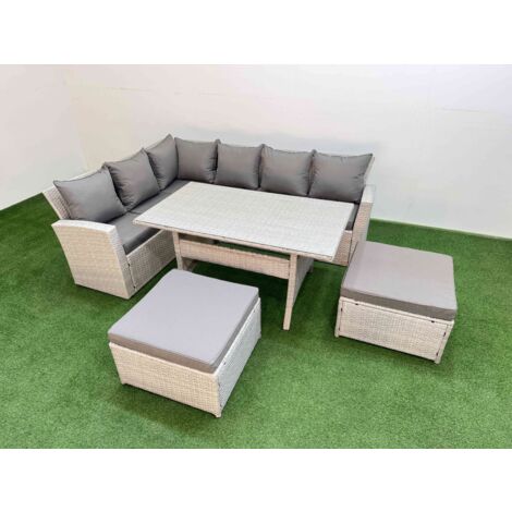 Fimous 8 Seater Rattan Garden Furniture Set Outdoor Patio Dining Corner Sofa Sets with Dining Table 2 Big Footstools Light Grey Mixed