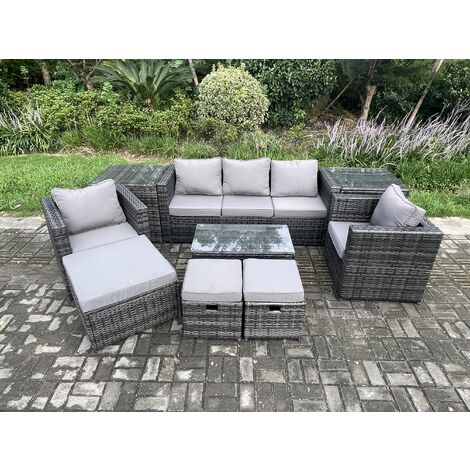Fimous 8 Seater Rattan Garden Furniture Set Outdoor Patio Sofa Set with 2 Armchairs 2 Side Tables Oblong Table 3 Footstools Dark Grey Mixed