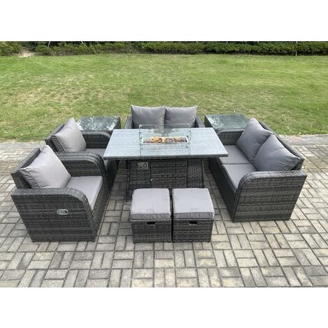 Fimous 8 Seater Rattan Garden Furniture Set Outdoor Propane Gas Fire Pit Table and Sofa Chair set with 2 Side Tables 2 Small Footstools