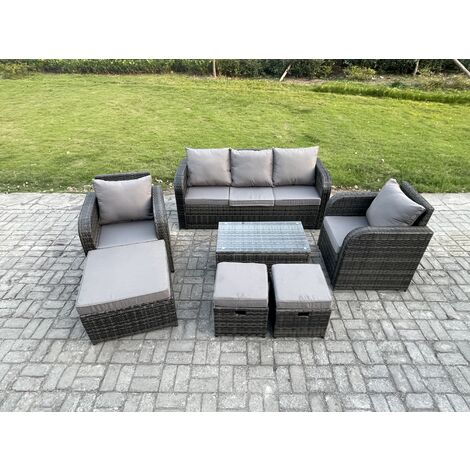 Fimous 8 Seater Rattan Garden Furniture Set Patio Outdoor Lounge Sofa Set with Rectangular Coffee Table 3 Footstools 3 Seater Sofa Dark Grey Mixed