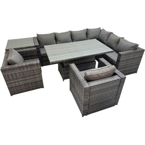 Fimous 8 Seater Rattan Height Adjustable Rising Lifting Table Corner Sofa Sets with 2 Chairs Side Table Dark Grey Mixed