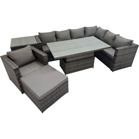Fimous 8 Seater Rattan Height Adjustable Rising Lifting Table Corner Sofa Sets with Chair Big Stools Side Table Dark Grey Mixed