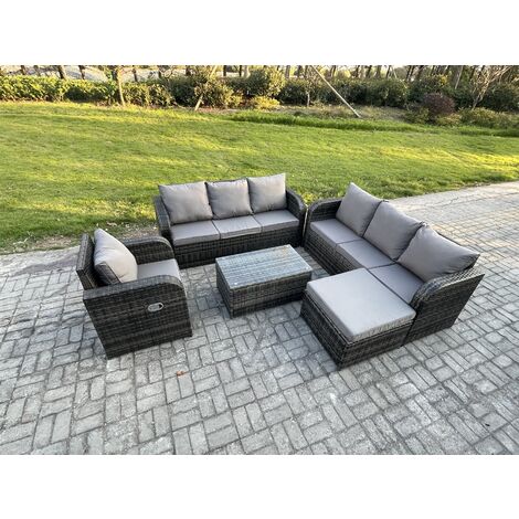 Fimous 8 Seater Rattan Outdoor Garden Furniture Sofa Set Patio Table & Chairs Set with 3 Seater Sofa Reclining Chair 3 Seater Sofa Big Footstool Dark Grey Mixed