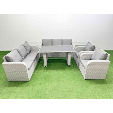 Fimous 8 Seater Wicker PE Rattan Furniture Outdoor Dining Table 3 Seater Sofa Reclining Chair Set with 2 Side Tables Light Grey