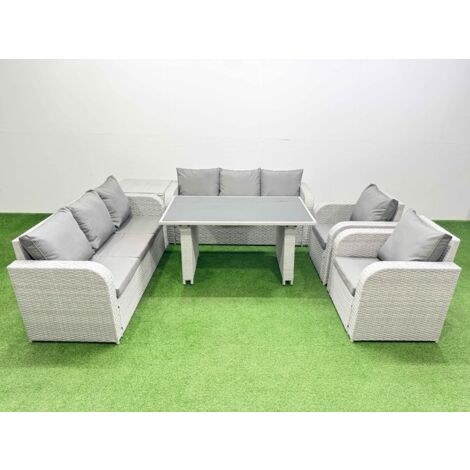 Fimous 8 Seater Wicker PE Rattan Furniture Outdoor Dining Table 3 Seater Sofa Reclining Chair Set with Side Table Light Grey