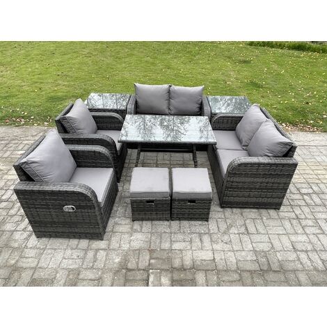 Fimous 8 Seater Wicker PE Rattan Garden Dining Set Outdoor Furniture Sofa with Rectangular Dining Table 2 Side Tables 2 Small Footstools Dark Grey Mixed