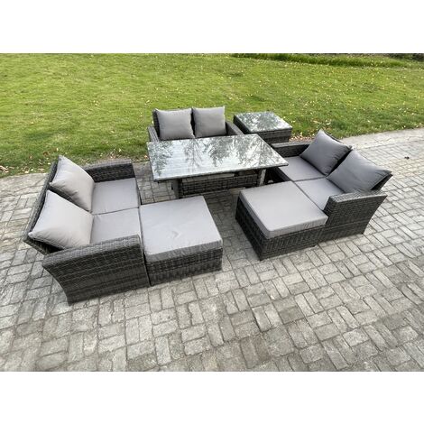 Fimous 8 Seater Wicker PE Rattan Garden Furniture Sets Outdoor Lounge Sofa Set with Oblong Dining Table Double Seat Sofa 2 Big Footstool Side Table Dark Grey Mixed
