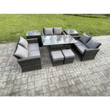Fimous 8 Seater Wicker PE Rattan Garden Furniture Sets Outdoor Lounge Sofa Set with Oblong Dining Table Double Seat Sofa 2 Small Footstools 2 Side Tables Dark Grey Mixed