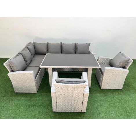 Fimous 8 Seater Wicker Rattan Corner Sofa Sets Outdoor Garden Furniture Sets with Rectangular Dining Table Lounge Sofa 2 Armchair Light Grey