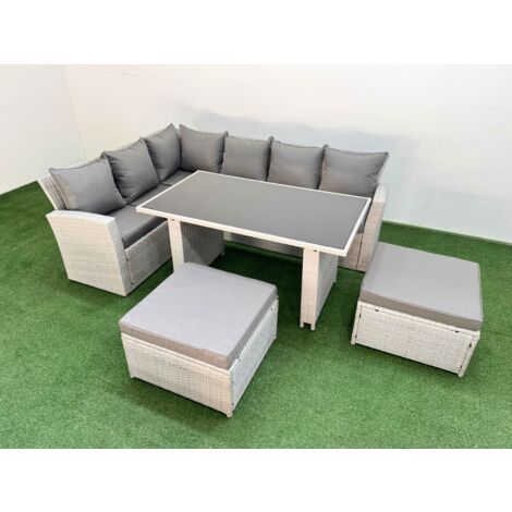 Fimous 8 Seater Wicker Rattan Corner Sofa Sets Outdoor Garden Furniture Sets with Rectangular Dining Table Lounge Sofa 2 Big Footstool Light Grey
