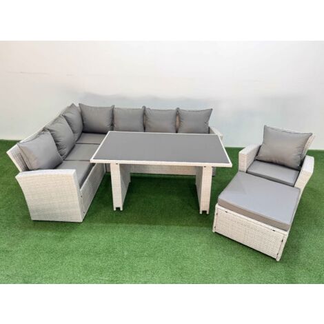 Fimous 8 Seater Wicker Rattan Corner Sofa Sets Outdoor Garden Furniture Sets with Rectangular Dining Table Lounge Sofa Big Footstool Armchair Light Grey
