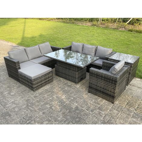 Fimous 8 Seater Outdoor Rattan Sofa Set Adjustable Rising Lifting Side Tables Chairs Footstool Dark Grey Mixed