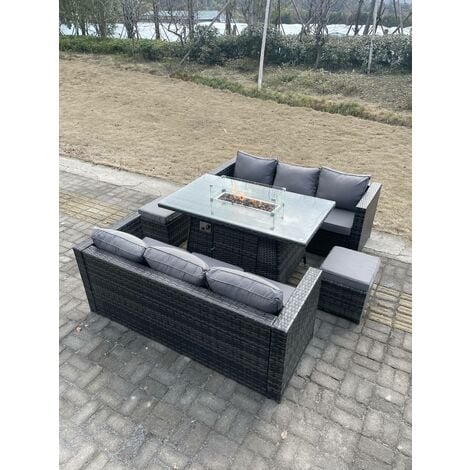 Fimous 8 Seater Outdoor Rattan Sofa Set Garden Furniture Gas Firepit Set Heater Dining Table Footstools Dark Grey Mixed