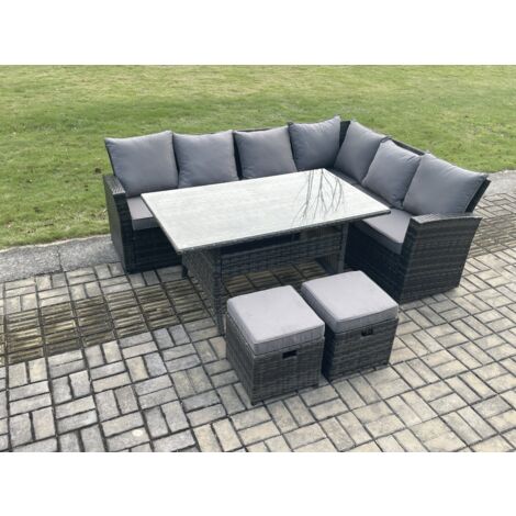 Fimous 8 Sitzer Garten Rattanmöbel Ecksofa Esstisch Set mit 2 kleine Fußhockern