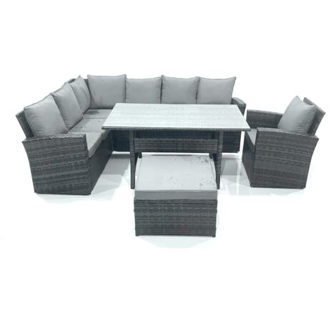 Fimous 8 Sitzer Garten Rattanmöbel Set mit Großer Fußhocker Dunkelgrau gemischt