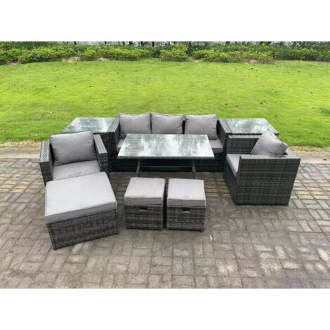 Fimous 8-Sitzer Gartenmöbel Lounge Sofa Set mit Esstisch 2 Sesseln 2 Beistelltischen 3 Hockern Dunkelgrau Gemischt