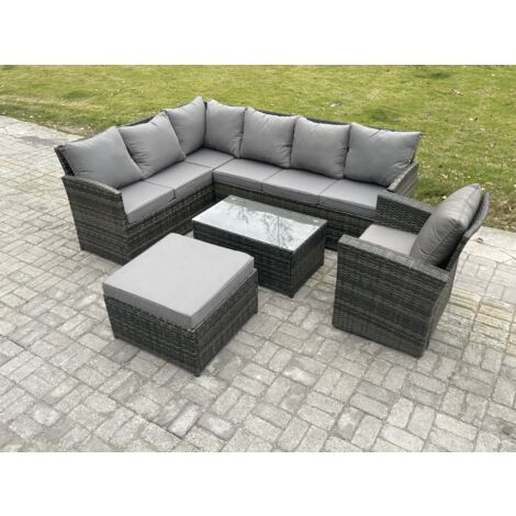 Fimous 8 Sitzer Gartenmöbel-Set aus Rattan mit Couchtisch Großer Fußhocker Sesseln Dunkelgrau gemischt