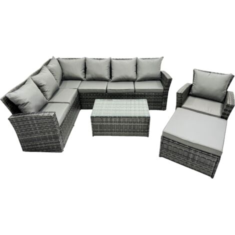 Fimous 8 Sitzer Hoher Rücken Rattan Gartenmöbel-Set Ecksofa mit Länger Couchtisch Großer Fußhocker