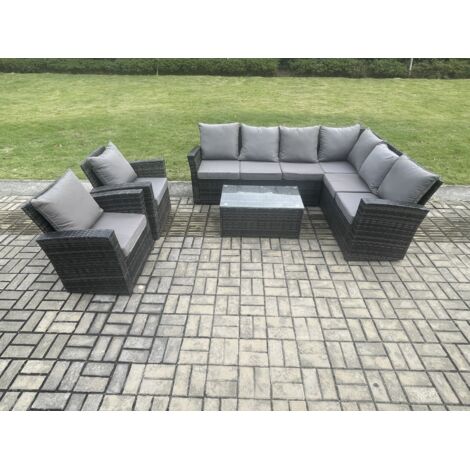 Fimous 8 Sitzer Hoher Rücken Rattan Gartenmöbel Set Polyrattan Ecksofa Set mit Rechteckiger Couchtisch 2 Sesseln Dunkelgrau gemischt
