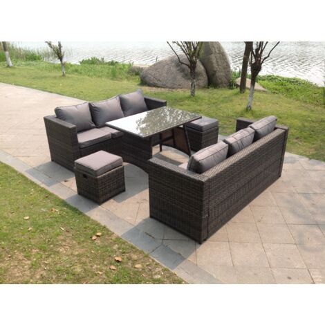 Fimous 8-Sitzer Lounge Rattan Sofa Set mit Esstisch Beistelltisch Hockern Gartenmöbel