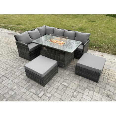 Fimous 8 Sitzer Outdoor Gartenmöbel-Set Hoher Rücken Ecksofa Gas Feuertisch Sets mit 2 Großer Hockern Dunkelgrau gemischt