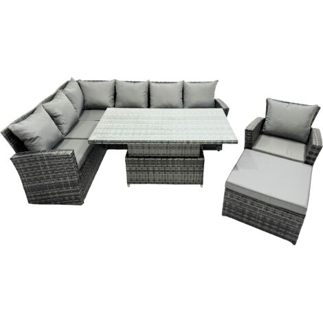 Fimous 8 Sitzer Outdoor Hoher Rücken Rattan Höhenverstellbarer Esstisch Ecksofa Set Gartenmöbel Set Dunkelgrau gemischt