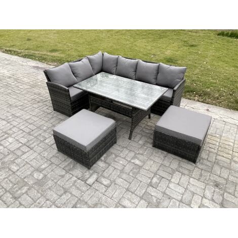 Fimous 8 Sitzer Outdoor Rattan Gartenmöbel-Set mit Rechteckiger Esstisch 2 Großer Hockern Dunkelgrau gemischt