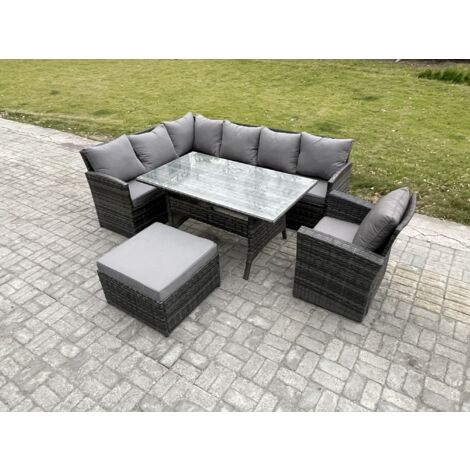 Fimous 8 Sitzer Outdoor Rattan Gartenmöbel-Set mit Rechteckiger Esstisch Großer Fußhocker Sesseln Dunkelgrau gemischt