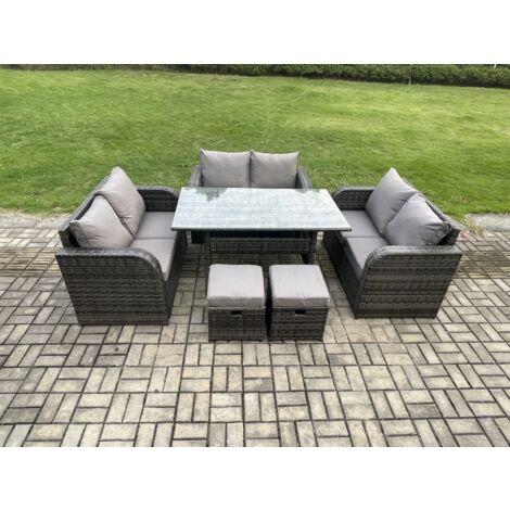 Fimous 8 Sitzer Outdoor Rattan Gartenmöbel-Set mit Terrassen Rechteckiger Esstisch Liebe Sofa 2 kleine Fußhockern Dunkelgrau gemischt
