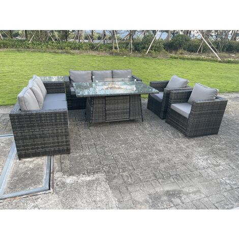Fimous 8-Sitzer PE Wicker Rattan Gartenmöbel Set Gas Feuerstelle Brenner Tisch Sets Lounge Gartensofa Set mit Stuhl Gehärtetes Glas